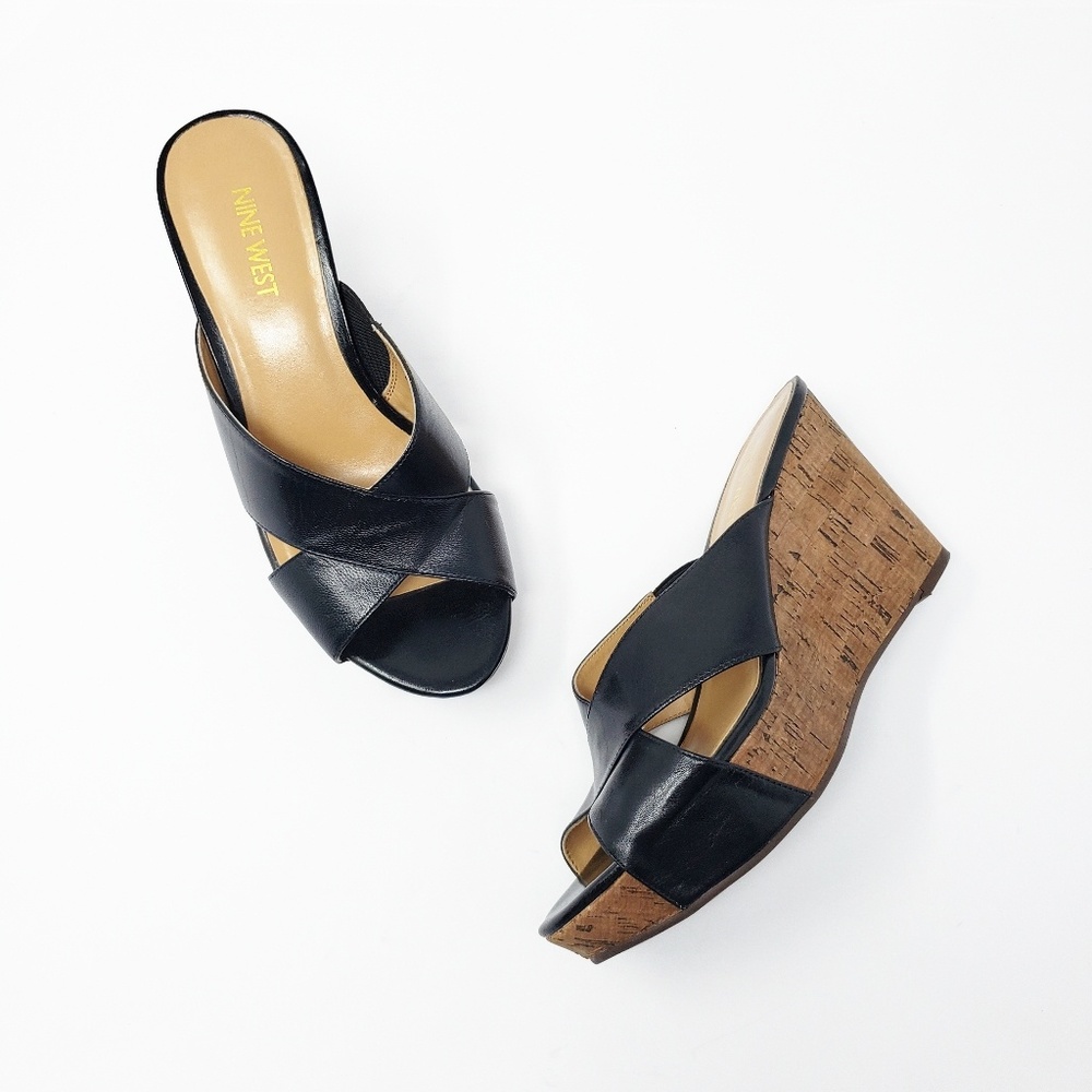 Nine West Black Leather Cork Wedge Sandals